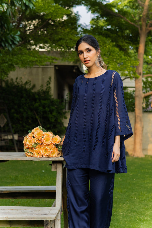  Navy Blue Cutwork Cape For Women-Inching India