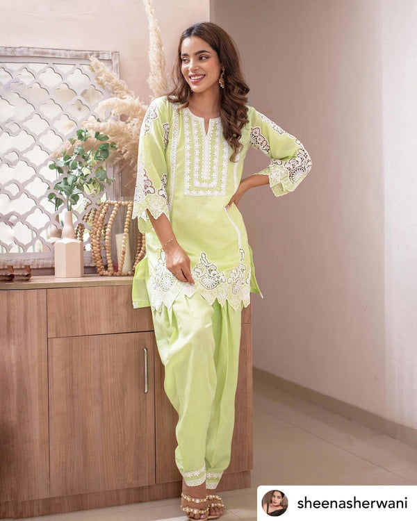 LIME GREEN CUT-WORK KURTA
