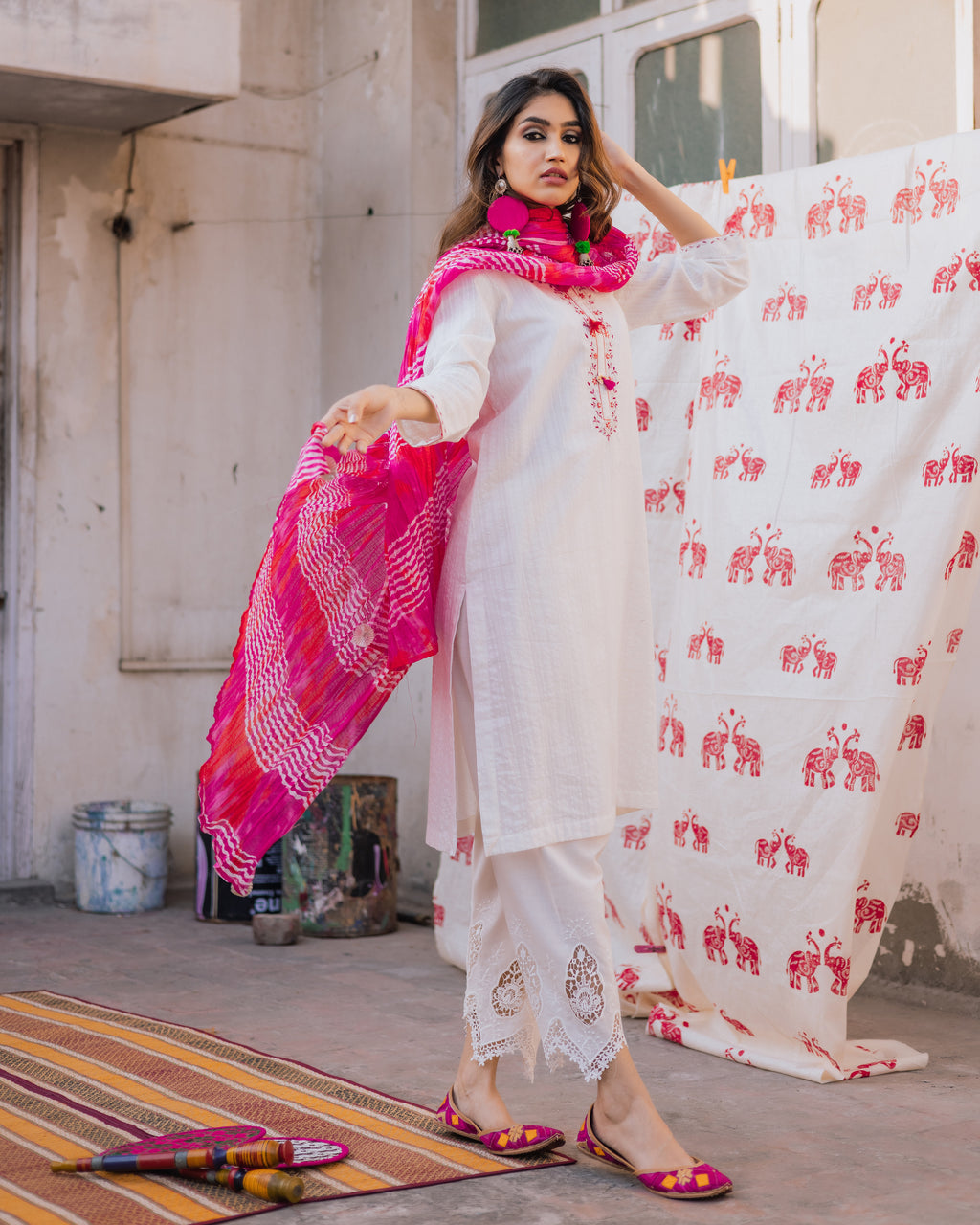 Twining in Leheriya: Pink and White Suit Set With Dupatta for Mom and